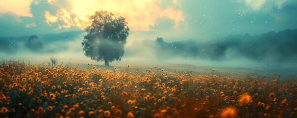  Mystic Sunrise over Flower Field.
A solitary tree stands amid a golden field of flowers under a misty sunrise. - obrazy, fototapety, plakaty