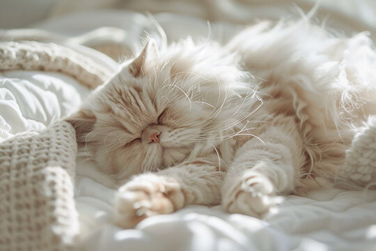 persian cat rests on a soft bed