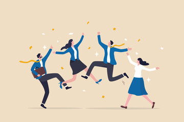 Happy office workers, joyful staff or employee success, team or colleague celebrate work achievement together, diverse, excited people concept, business people office worker jump to celebrate success. - 745555160