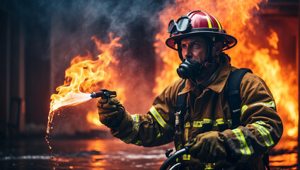 fireman using water and extinguisher to fighting with fire