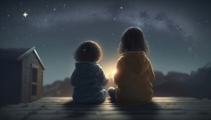 Kids sitting on roof at night, little boy and girl looks at stars on sky,