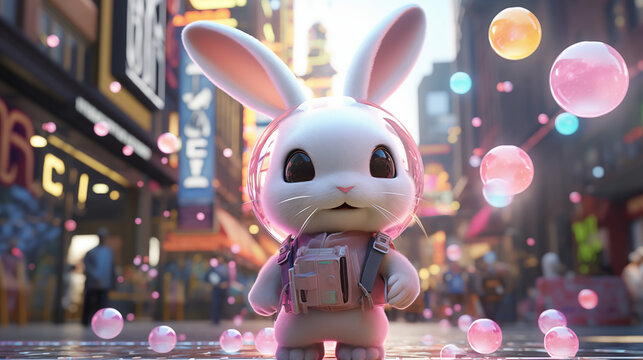 A cute bunny, rabbit cyberpunk and futuristic style with Easter eggs and modern city, night time background