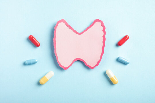 Thyroid gland decorative model with various pills on pastel blue background. Hyperthyroidism, Hypothyroidism, thyroid cancer awareness concept. Top view