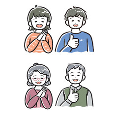 太線タッチいいね！男女のイラスト(アイコン、若者、シニア、高齢者)