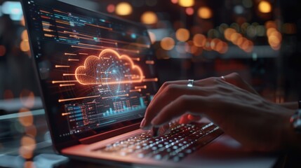 A person interacts with a visual cloud computing interface on a modern laptop, depicting advanced technology and data management. - obrazy, fototapety, plakaty