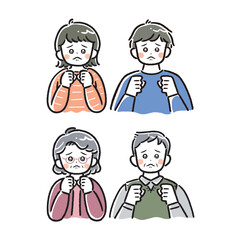 太線タッチぴえん男女のイラスト(アイコン、若者、シニア、高齢者)