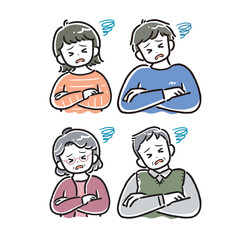 太線タッチ困る男女のイラスト(アイコン、若者、シニア、高齢者)