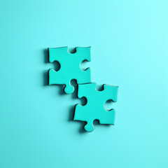 Top view of two jigsaw puzzle pieces with blue colour. Concept of  business, solution, teamwork, concept, connection, success, team, game