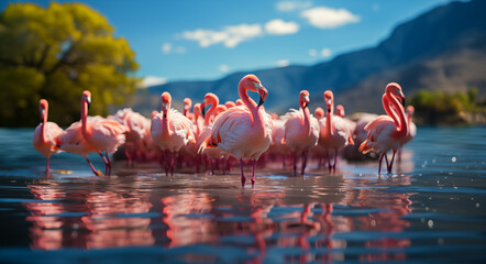 Obraz premium A flock of pink flamingos standing in a lake