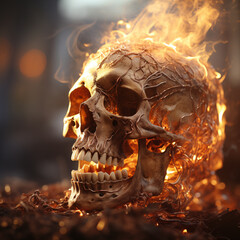Human skull burns in fire.Death and Halloween concept - obrazy, fototapety, plakaty