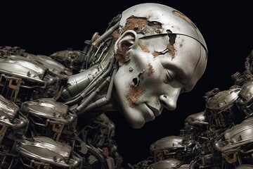 Emotional portrait of a dying android with a weathered metal surface, closed eyes and exposed internal robotic parts