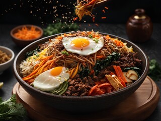 Bibimbap - Korean Mixed Rice with Meat and Assorted Vegetables, cinematic Asian food photography 