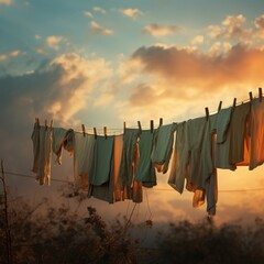 laundry, hanging, line, sunset, warm, glow, clothes, sky, clouds, evening, domestic, peaceful, homely, drying, clothespins, nature, outdoor, calm, tranquil, household, chores, fabric, cotton, daily li - obrazy, fototapety, plakaty