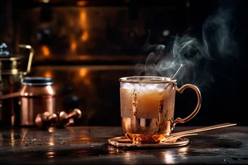 Poster Steaming hot tea in a copper glass cup, with a rustic kitchen backdrop creating a cozy ambiance © Irina Kozel