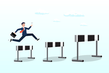 Ambitious businessman jump over hurdles to find higher obstacles, business challenge, overcome difficulty or obstacle to achieve business success, effort, skill or aspiration to solve problem (Vector)
