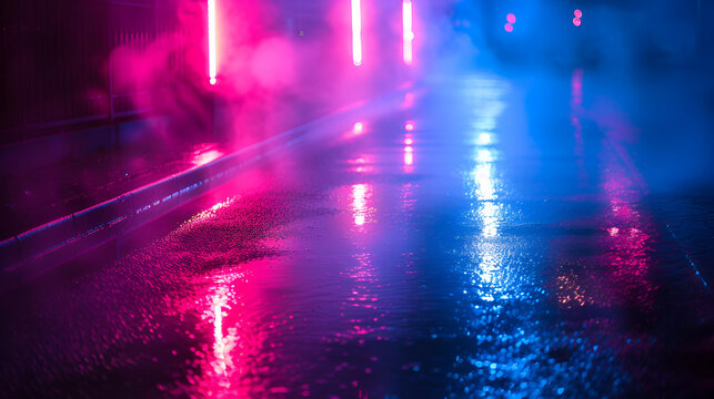 Wet asphalt reflection of neon lights, generative ai © Chaman