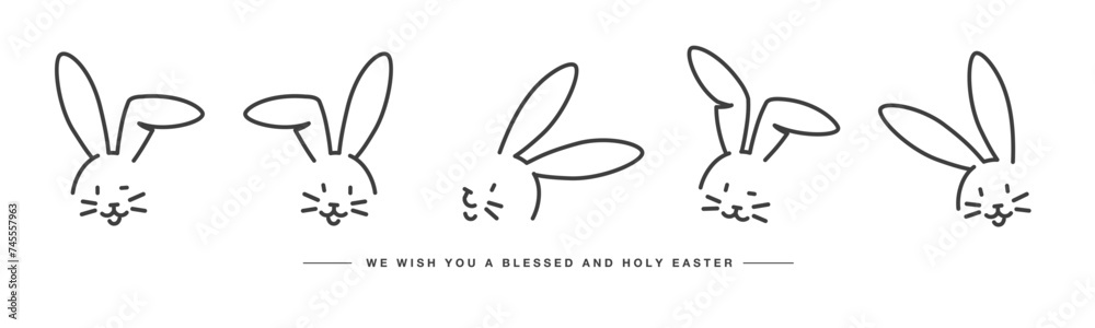 Wall mural we wish you a blessed and holy easter. easter handwitten bunny faces. doodle hare cute line design o - Wall murals