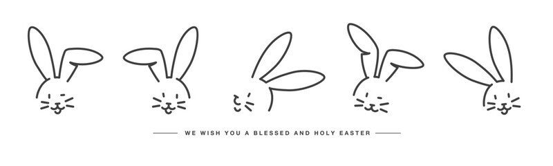 We wish you a blessed and holy Easter. Easter handwitten bunny faces. Doodle hare cute line design on a white background - obrazy, fototapety, plakaty