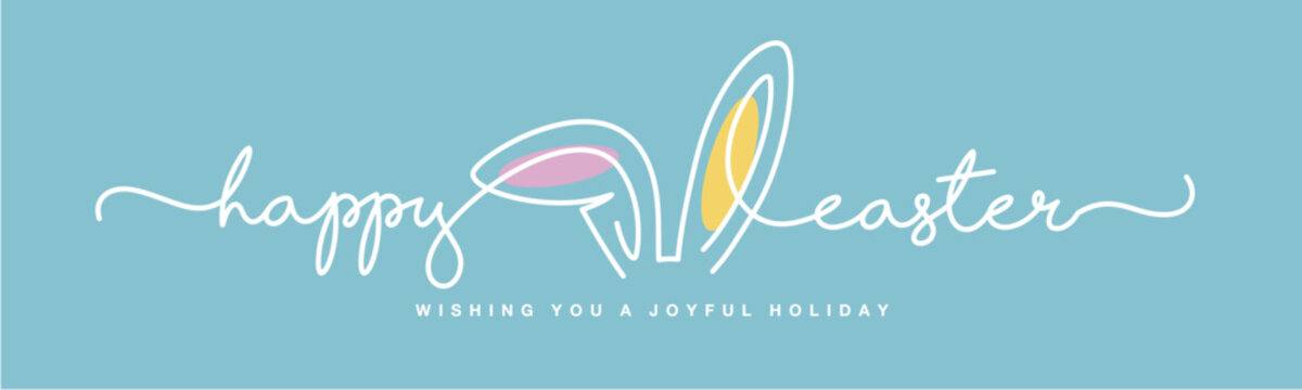 Happy Easter. Easter rabbit ears in the middle of handwritten calligraphy lettering line design on a sea green background