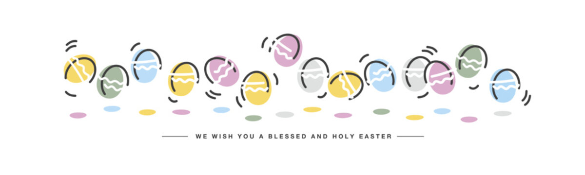 We wish you a blessed and holy Easter. Easter handwitten jumping colorful eggs line design on a white background