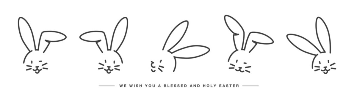 We wish you a blessed and holy Easter. Easter handwitten bunny faces. Doodle hare cute line design on a white background