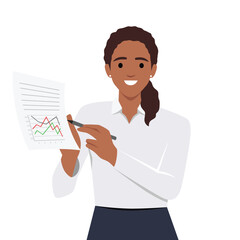 business woman explaining and discussing the paper work that show graft. Flat vector illustration isolated on white background
