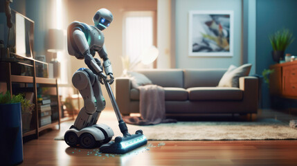 the robot vacuums the floor and cleans the apartment