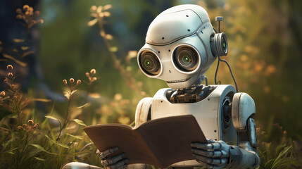 A small robot is carefully reading a book