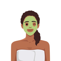 Woman with a cosmetic face mask. Smiling girl and wink portrait. Flat vector illustration isolated on white background