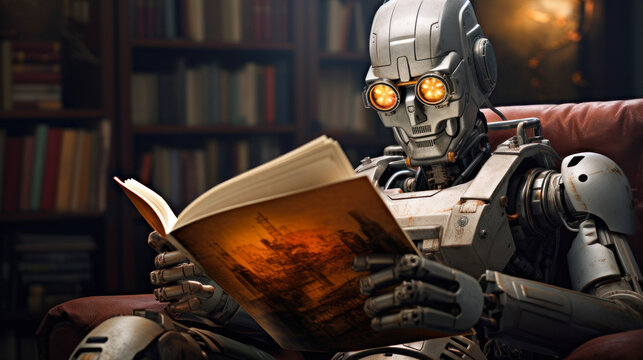 
a robot in the library reads a book