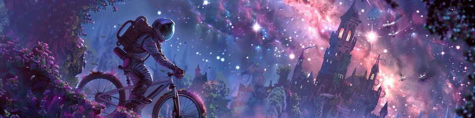 A robot and astronaut enjoying a leisurely bicycle ride through a castle garden, with galaxy projections illuminating their path