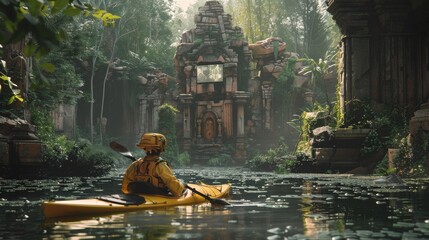 Amidst ancient ruins in a forest, a robot projects holograms of past civilizations while kayaking through the overgrown waterways