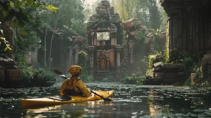 Foto op Plexiglas Amidst ancient ruins in a forest, a robot projects holograms of past civilizations while kayaking through the overgrown waterways © Shutter2U