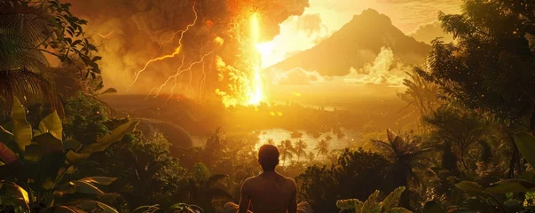 Foto op Canvas Amidst the lush foliage of the Garden of Eden, observers watch a distant volcano's fiery eruption, reminiscent of a powerful solar flare with Adam © Shutter2U