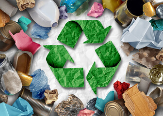 Recycling Social Issue to recycle waste and garbage as reusable items management as old paper glass metal and plastic thrown in a garbage container as a concept of environmental conservation.