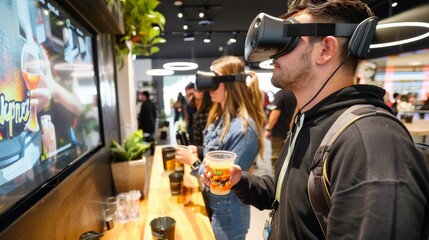 An energy drink branding workshop in a bustling plaza, integrating virtual reality advertising strategies