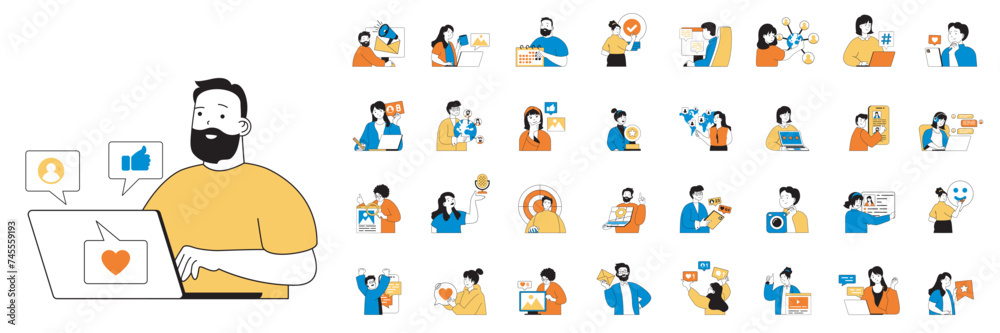 Wall mural social network concept with character situations mega set in flat web design. bundle of scenes peopl