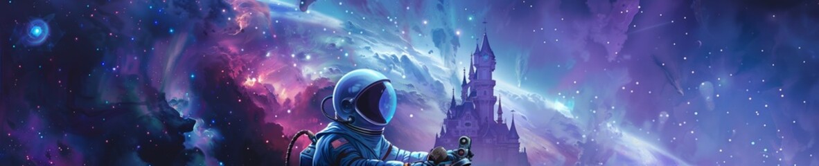 Inside a castle, an astronaut studies a galaxy map, with a robot assistant tuning a space-themed bicycle for interstellar exploration - obrazy, fototapety, plakaty