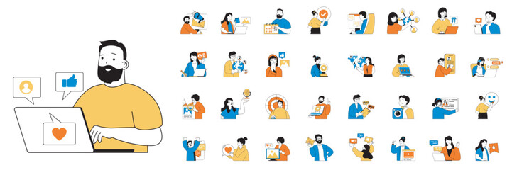 Social network concept with character situations mega set in flat web design. Bundle of scenes people chatting online, sending links, likes content, sharing information in app. Vector illustrations.