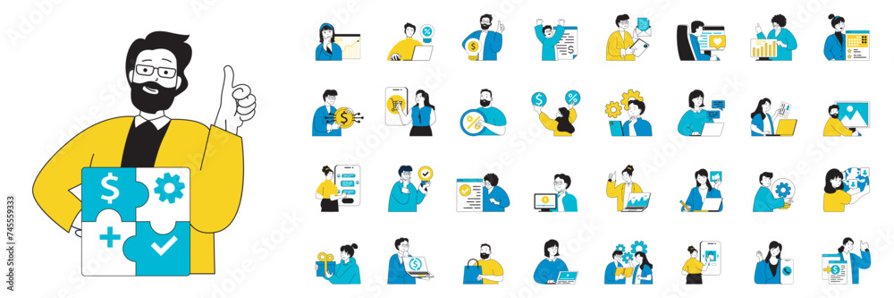 Poster Digital business concept with character situations mega set in flat web design. Bundle of scenes people developing e-business, chatting with clients, make advertising online. Vector illustrations.
