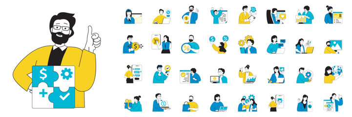 Digital business concept with character situations mega set in flat web design. Bundle of scenes people developing e-business, chatting with clients, make advertising online. Vector illustrations.