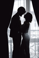 Portrait Silhouette of Romantic Couple at Window on Their Wedding Day