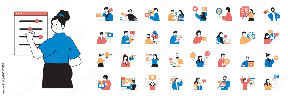 Aufkleber Social media concept with character situations mega set in flat web design. Bundle of scenes people communicating online with friends, sending emails, likes new posts and photos. Vector illustrations.