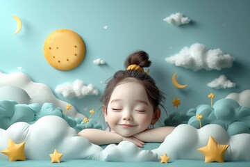Child fantasizing about riding on clouds