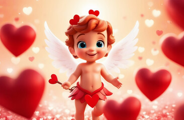Obraz premium cute cartoon style cupid boy with lots of hearts, valentines greeting card