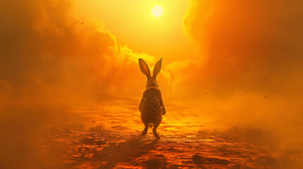 A rabbit, casting long shadows, on a dreamlike journey across a dessert wasteland