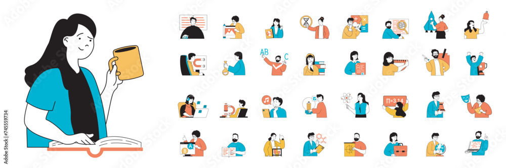 Fototapete education concept with character situations mega set in flat web design. bundle of scenes people rea