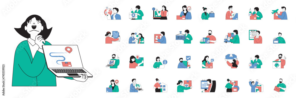 Leinwandbilder Delivery concept with character situations mega set in flat web design. Bundle of scenes people using global logistic service, tracking parcel route map, using courier shipping. Vector illustrations.