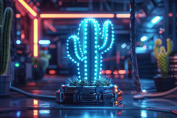 Futuristic cactus, glowing softly in a dark, empty space station