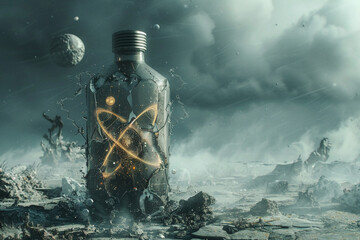 Futuristic flask with a lonely atom, floating in zero gravity aboard a derelict satellite